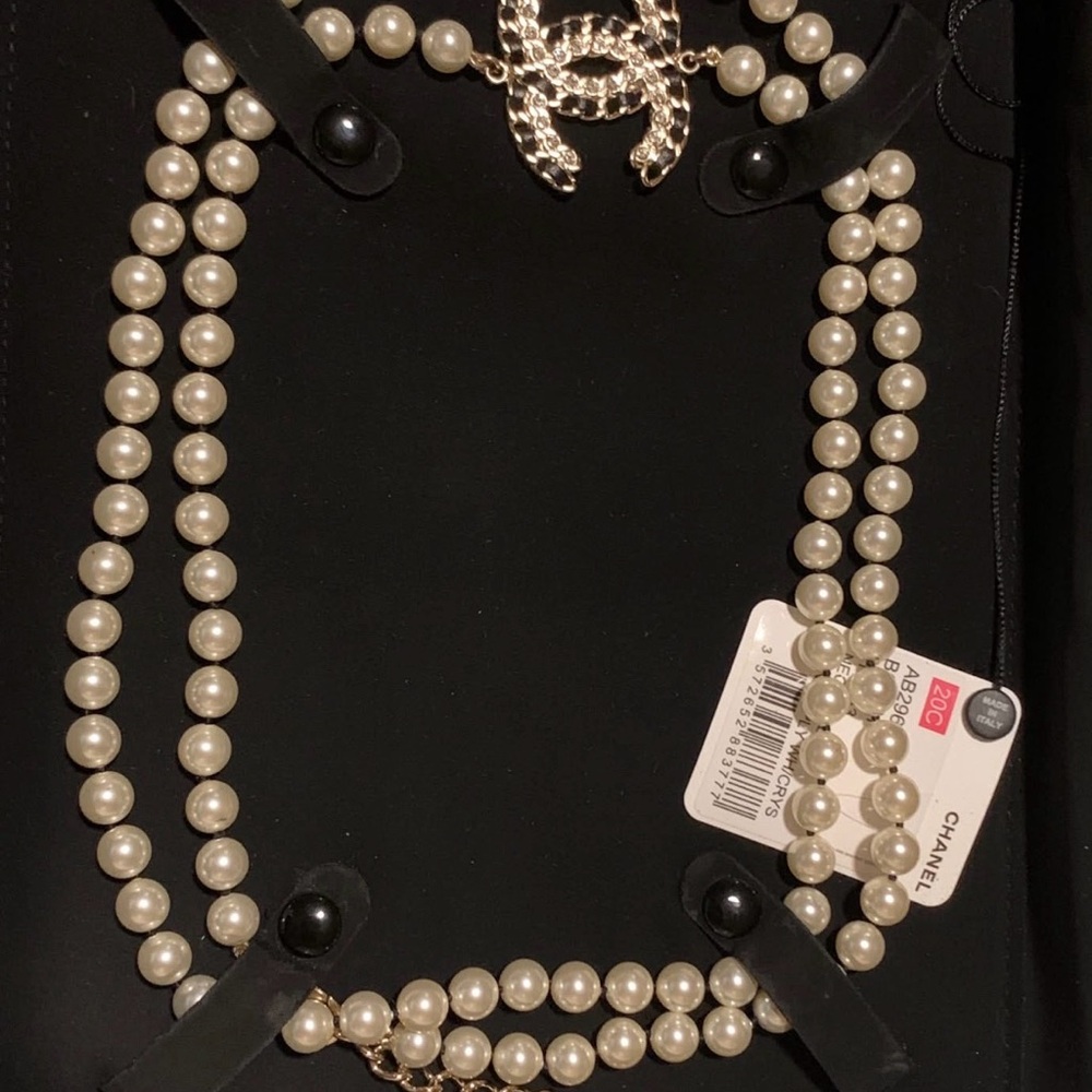 CHANEL Double Strand Pearl Necklace with Gold Logo